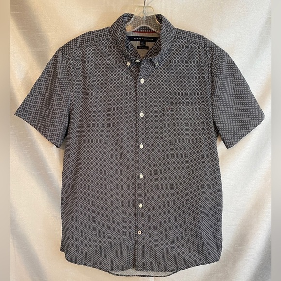 Tommy Hilfiger Short Sleeve Button-Down Shirt  Navy Blue Mens Lg - Picture 10 of 10